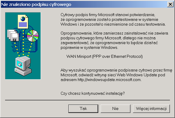 Ponieważ sterowniki te nie są podpisane cyfrowo, system Windows zakomunikuje nam to następującym ostrzeżeniem. Należy zezwolić na instalację naciskając na Tak.