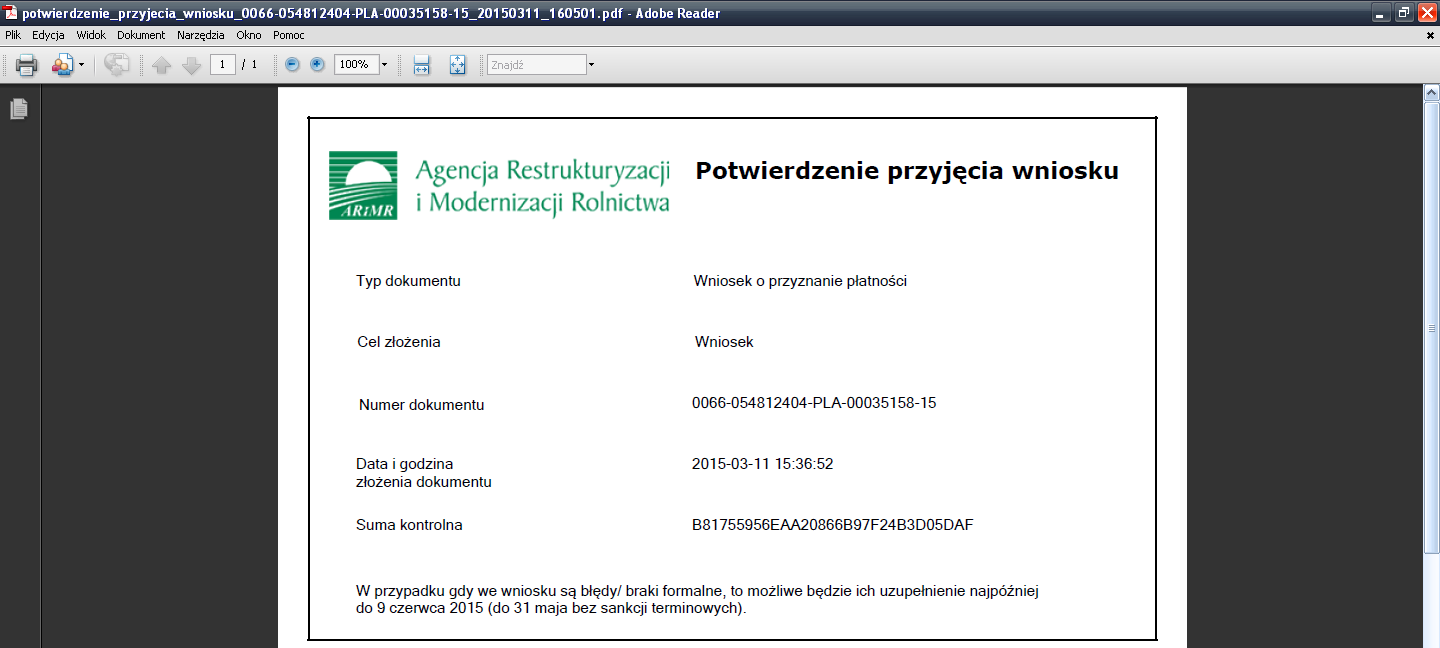 Ekran 90 Zatwierdzenie wniosku przyjęty w ARiMR. Dostępne jest także potwierdzenie przyjęcia wniosku (Ekran 90).