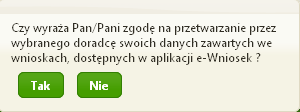 W tym celu należy użyć przycisk [Nadaj upoważnienie] (Ekran 9). System e-wniosek wyświetli komunikat wymagający potwierdzenia rolnika (Ekran 10). Ekran 10 nadanie upoważnienia dla doradcy.