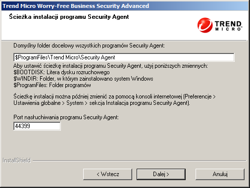 Instalowanie programu Security Server Ścieżka instalacji programu Security Agent Ustaw następujące elementy: Ścieżka instalacji: folder docelowy, w którym instalowane są