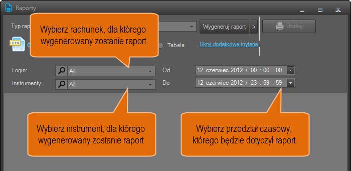 Następnie wybieramy rachunek oraz instrument, którego dotyczył