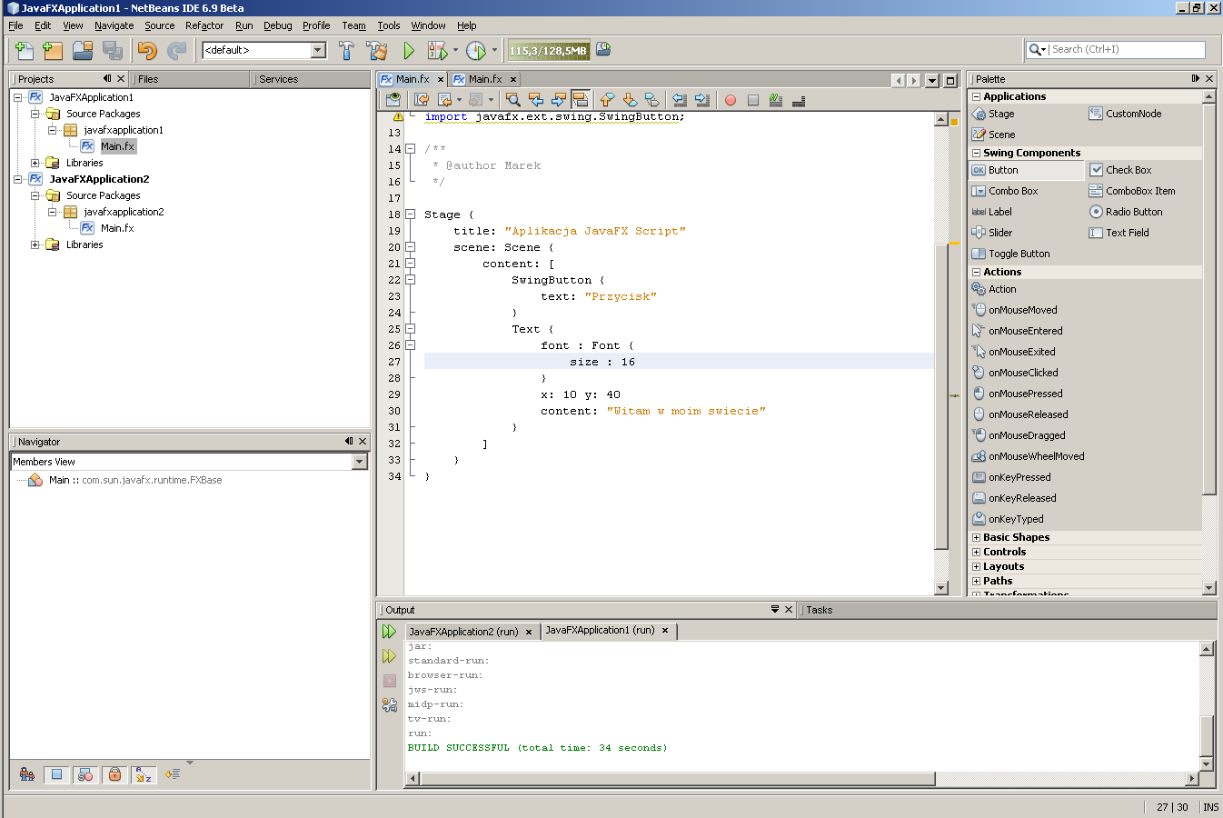 Praca z platformą JavaFX Rysunek 7: NetBeans 6.9 i kod JavaFX Script Platforma JavaFX nie posiada rozwiązania dedykowanego grafikowi. Inaczej jest w przypadku produktów firmy Adobe czy Microsoft.