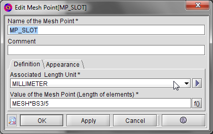 Rys. 4.10. Dodanie parametru kontroli gęstości siatki mesh point Należy dodad dwa nowe parametry typu mesh point MP_SLOT oraz MP_WEDGE (rys. 4.11). Rys. 4.11 Parametry kontroli gęstości siatki wokół punktów Kod w języku Python dodający odpowiednie parametry kontroli gęstości siatki wokół punktów.