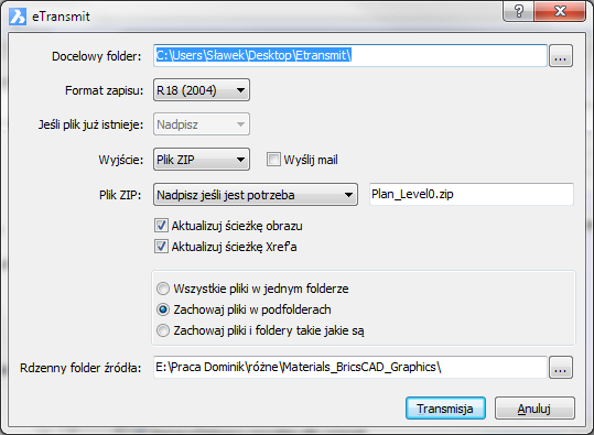 Docelowy folder: Zaakceptuj domyślny folder eksportu C:\Users\(nazwa użytkownika)\desktop\etransmit: Jeśli folder nie istnieje zostanie stworzony automatycznie. Forma zapisu: Wybierz Bez zmiany.