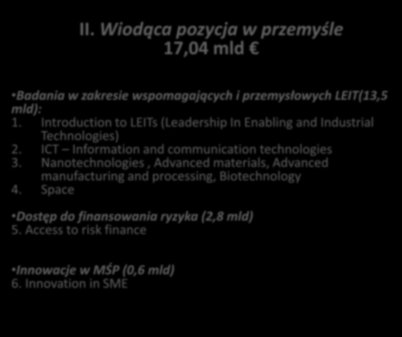 II. Wiodąca pozycja w przemyśle 17,04 mld Badania w zakresie wspomagających i przemysłowych LEIT(13,5 mld): 1. Introduction to LEITs (Leadership In Enabling and Industrial Technologies) 2.