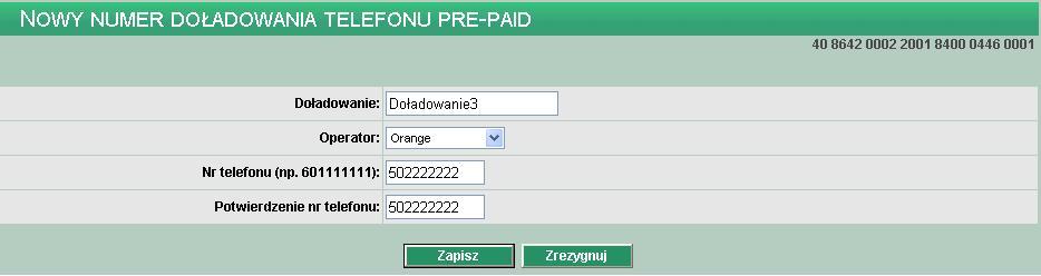 3. Nowy numer W celu zdefiniowania nowego numeru doładowania telefonu pre-paid należy: Z menu systemu wybrać opcję Doładowania telefonów -> Nowy numer Lub W oknie Lista numerów wybrać funkcję Nowy