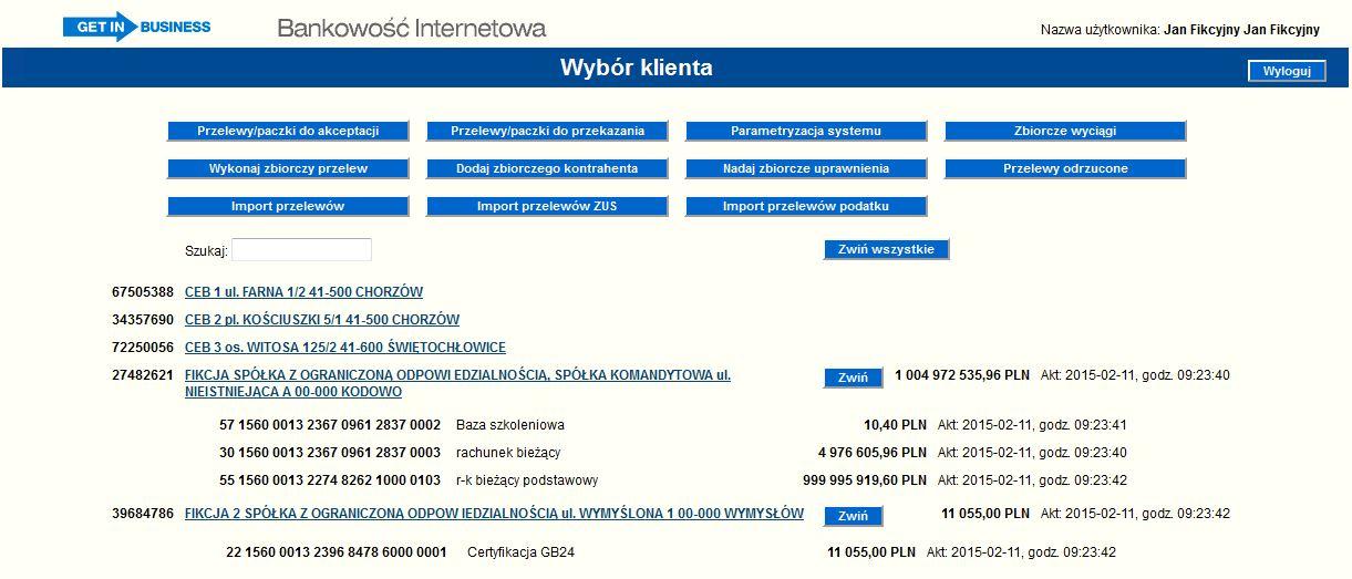 Rysunek 137 Widok rozwiniętej listy rachunków w trybie Multiuser Rysunek 138 Prezentacja wyszukiwania firmy w liście Klientów w trybie Multiuser Formatka Wybór klienta prezentuje również następujące