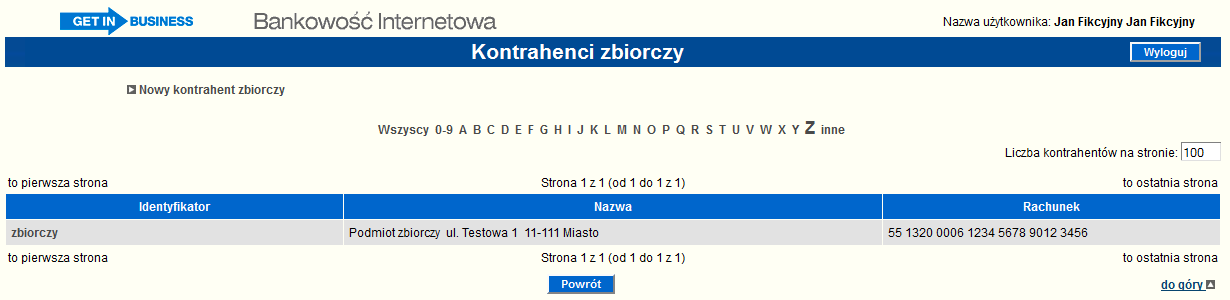 Może być wyświetlona lista wszystkich kontrahentów lub tylko zaczynających się na wybraną literę.