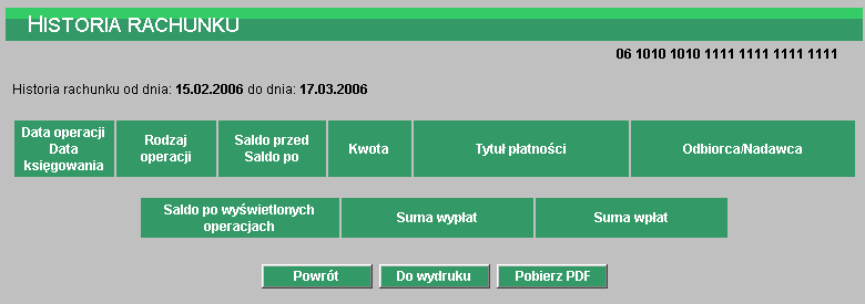 Historia rachunku obejmuje następujące informacje: Data operacji / Data księgowania data operacji jest to data wprowadzenia dokumentu, data księgowania data zarejestrowania dokumentu w księgach banku.