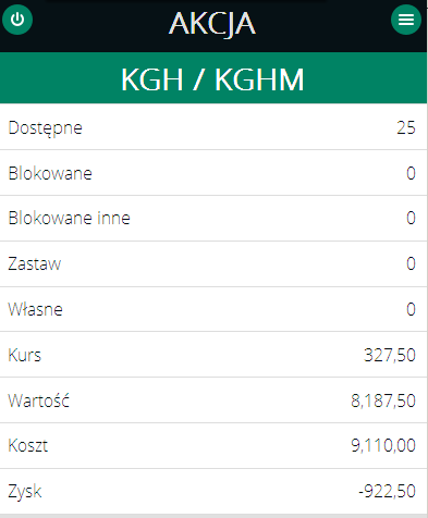 Na tym ekranie prezentowane jest zestawienie instrumentów znajdujących się w posiadaniu użytkownika (liczbie otwartych pozycji w przypadku instrumentów pochodnych).