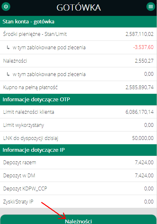 Ekran Gotówka podzielony jest na 3 sekcje: Stan konta - gotówka; Informacje dotyczące OTP (odroczony termin płatności); Informacje dotyczące IP (instrumenty pochodne); Sekcja Stan konta gotówka