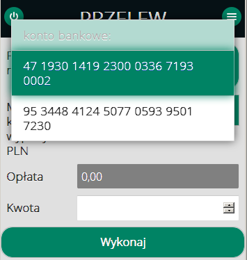 1. Przelew na rachunek bankowy Numer rachunku, na który ma być wykonany przelew definiuje się poprzez wybór rachunku z listy (numery zdefiniowane przez klienta przy zawieraniu umowy o świadczenie