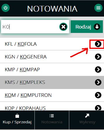 W pole wyszukiwania należy wpisać nazwę szukanego instrumentu (Po wpisaniu w pole pierwszych dwóch liter z nazwy (kodu) instrumentu prezentowana jest lista instrumentów z pasującymi do podanego