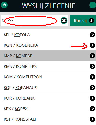 W pole wyszukiwania należy wpisać nazwę szukanego instrumentu (Po wpisaniu w pole pierwszych dwóch liter z nazwy (kodu) instrumentu prezentowana jest lista instrumentów z pasującymi do podanego