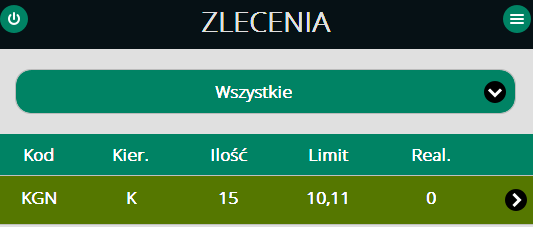 Po wysłaniu zlecenia pojawi się informacja o Statusie zlecenia. Zalecane jest przejście w ekrany w Listę zleceń aby zweryfikować czy zlecenie nie zostało odrzucone przez giełdę. 2.
