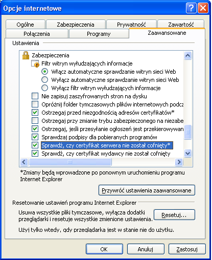 Rysunek 27: Menu Narzędzia -> Opcje internetowe W nowo otwartym oknie Opcje internetowe wybieramy zakładkę Zaawansowane, w której zaznaczamy