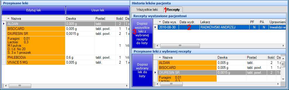 Drugi sposób polega na wskazaniu pojedynczych pozycji z konkretnych recept przepisywanych pacjentowi w historii leczenia.