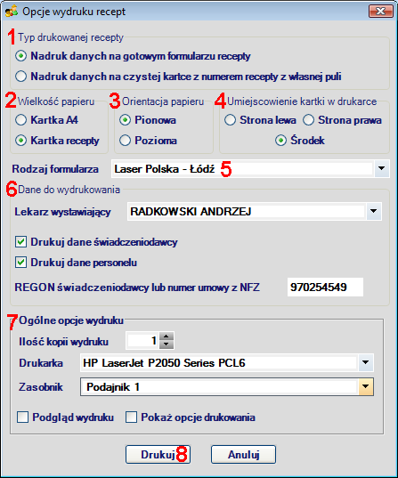 8. Drukowanie recept 8.1. Drukowanie recept po zakończeniu wypisywania Po zakończeniu wypisywania recepty i jej zapisaniu w bazie danych, istnieje możliwość jej wydrukowania.