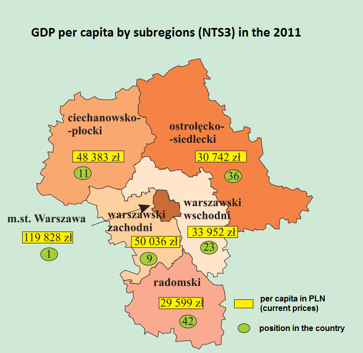 Graphic 3. Map of GDP per capita in Mazovia region in 2011 Source: Statistical Office in Warsaw, Portrait of Mazovia voivodship 2010-2012 Economic activity rate in the Mazovia region is 59.8%.