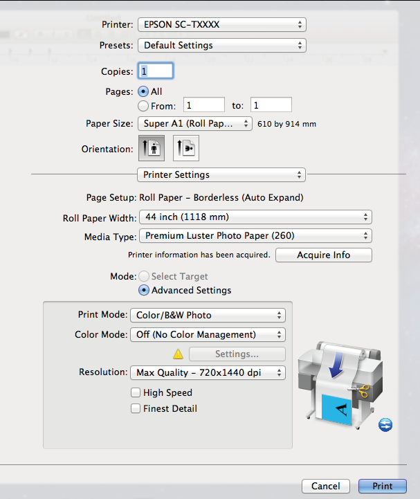 Drukowanie z zarządzaniem kolorami D Wybierz z listy opcję Printer Settings (Ustawienia drukarki), a następnie zaznacz opcję Advanced Settings (Ustawienia - Zaawansowane) w obszarze Mode (Tryb).