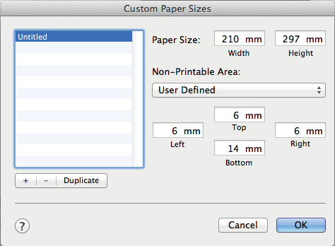 Wybieranie ustawień w systemie Mac OS X Po pojawieniu się ekranu Print (Drukowanie) A wybierz opcję Manage Custom Sizes (Własne wymiary stron) z listy Paper Size (Rozmiar papieru).
