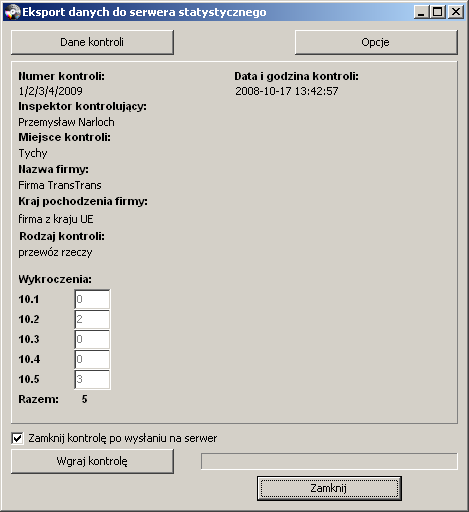 Poniższe okno pokazuje ekran kontroli gotowej do wysłania na serwer. Kliknięcie w przycisk Wgraj kontrolę wysyła kontrolę na serwer statystyczny.
