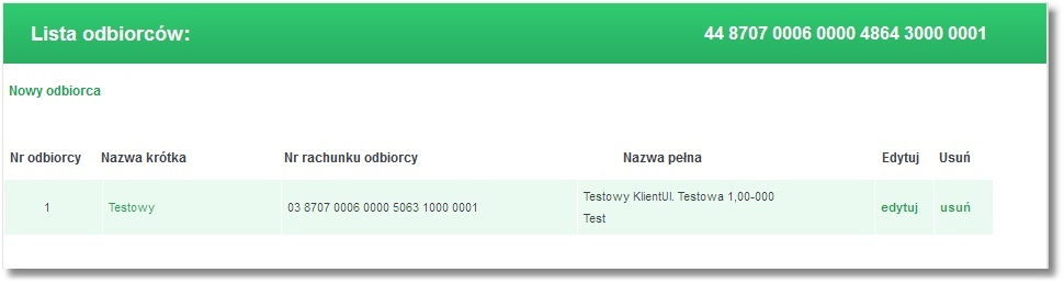 Rozdział 10 Odbiorcy Rozdział 10. Odbiorcy Istotnym elementem systemu jest definicja Odbiorców. W opcji tej użytkownik ma możliwość wpisania pełnych danych związanych ze swoimi kontrahentami.