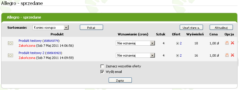 4 Przeglądanie wystawionych aukcji i ofert, wznawianie aukcji Wszystkie wystawione z poziomu sklepu aukcje są widoczne w zakładkach Sprzedaję, Sprzedane i Niesprzedane.