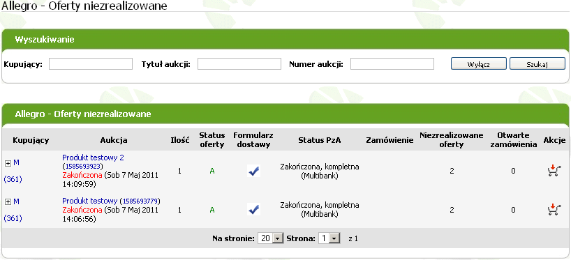 Lista niezrealizowanych ofert Aby zrealizować wybraną ofertę jako zamówienie należy kliknąć na ikonkę znajdującą się po prawej stronie. Zostanie wówczas przygotowany formularz realizacji zamówienia.