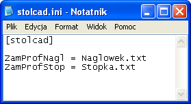 Wygląd listy rozkazów jest następujący: [stolcad] komenda1 = parametr1 komenda2 = parametr2 Nagłówek i stopka plików z zamówieniem Z poziomu programu Stolcad generuje się zamówienia na szkło, profile
