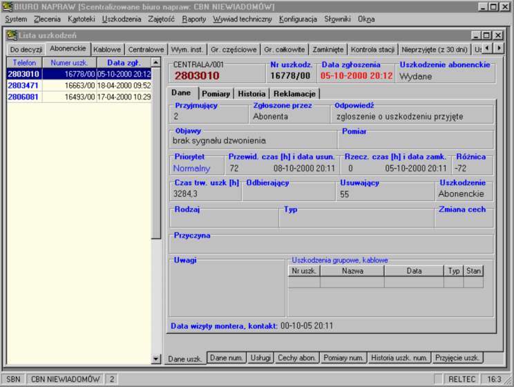 W module Biuro Napraw operator ma możliwość wpisania dokładnych informacji o uszkodzeniu Biura Napraw) Biuro Napraw wykorzystuje pliki centralowe generowane przez centrale cyfrowe.