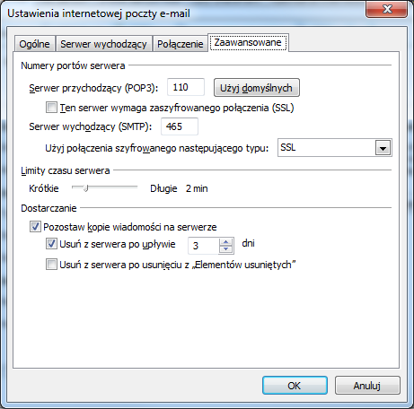 Rysunek 8 Konfiguracja poczty e-mail w MS Outlook 2007, okno Ustawienia poczty e-mail, zakładka Zaawansowane dla POP3 Po wypełnieniu