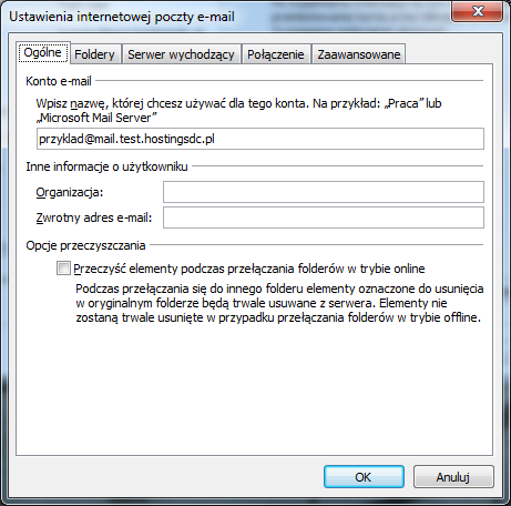 Rysunek 9 Konfiguracja poczty e-mail w MS Outlook 2007, okno Ustawienia poczty e-mail, zakładka Ogólne dla IMAP Po wypełnieniu odpowiednich pól w zakładce Ogólne należy wybrać zakładkę Foldery.