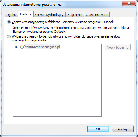 Rysunek 10 Konfiguracja poczty e-mail w MS Outlook 2007, okno Ustawienia poczty e-mail, zakładka Foldery Po wypełnieniu odpowiednich pól w zakładce Foldery, należy wybrać zakładkę Serwer wychodzący.