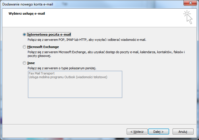 Rysunek 4 Konfiguracja poczty e-mail w MS Outlook 2007, okno Dodanie nowego konta e-mail, cz.2. Pojawi się okno jak na rysunku Rysunek 5. Należy wypełnić odpowiednie pola.