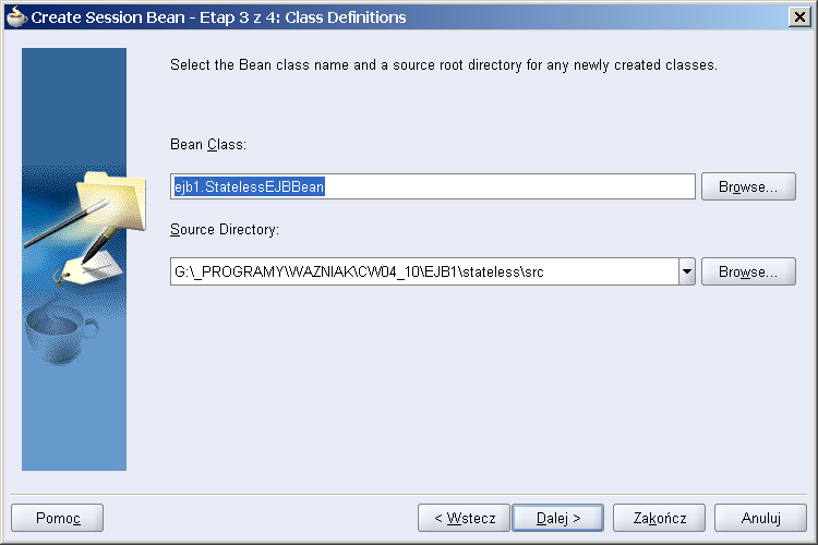 Kliknij Dalej 6) Określ nazwę klasy beana Klinij Dalej 7) W ostatnim kroku określ typy i nazwy