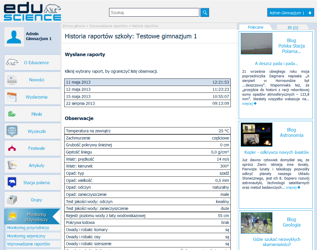 RYS. 7 PORTAL EDUSCIENCE STRONA GŁÓWNA MONITORING PRZYRODNICZY WPROWADZANIE