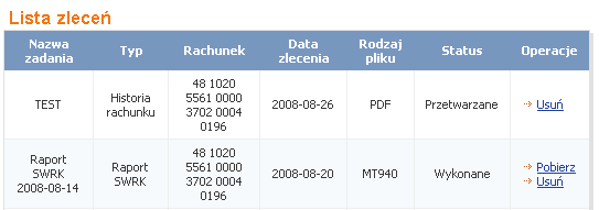 zakresu dat. Historię operacji można pobrać, w wybranym przez Użytkownika formacie i zapisać w komputerze. Możliwe jest pobranie pliku w jednym z następujących formatów: jako plik *.pdf; jako plik *.