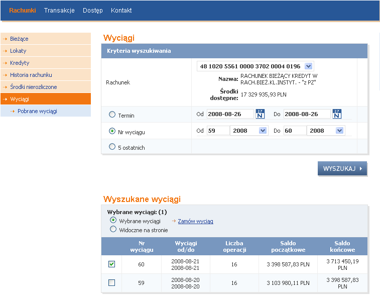 3. WYSZUKIWANIE WYCIĄGÓW WEDŁUG NUMERÓW W celu wyszukania określonych numerów wyciągów wymagane jest zaznaczenie opcji Nr wyciągu i wskazanie zakresu numerów wyciągów jakie mają być wyszukane.