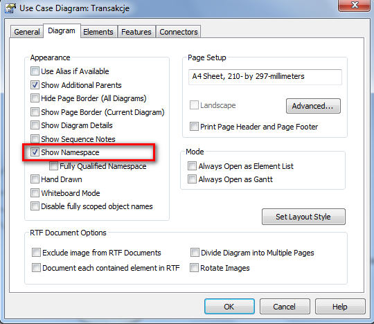 Rysunek 10 Włączanie opcji pokazywania przestrzeni nazw Mamy już diagram