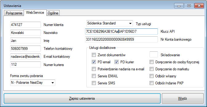 4.1.2 Zakładka WebService Ilustracja 18: Ustawienia - zakładka WebService W tej zakładce ustawiamy parametry niezbędne do wysłania danych ON LINE za pomocą usług WebService7.