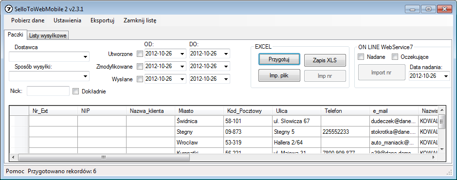 Ilustracja 22: panel główny - zakładka Paczki - przygotowanie danych EXCEL Aplikacja porządkuje dane według wybranych ustawień i wyświetla zgodnie z dokumentacją Siódemki.