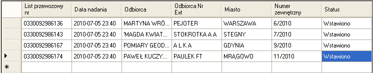 Aby wprowadzić numery nadawcze do przesyłek klikamy przycisk [Imp nr] w kolumnie Status zostanie wyświetlony status operacji.