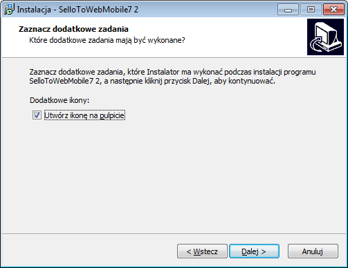 Wybieramy czy ma być zainstalowany skrót do aplikacji na pulpicie. Aby przejść dalej klikamy przycisk Dalej >.