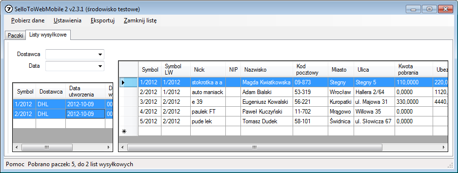 5.2 Zakładka Listy Wysyłkowe 5.2.1 Pobranie danych Pobranie danych odbywa się po naciśnięciu przycisku Pobierz dane w menu narzędzi.