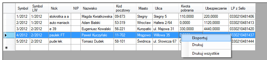 5.2.3 Eksport danych Aby wyeksportować wszystkie pozycje z Listy Wysyłkowej (lub wielu list) klikamy w przycisk Eksportuj znajdujący się w menu narzędzi. UWAGA!