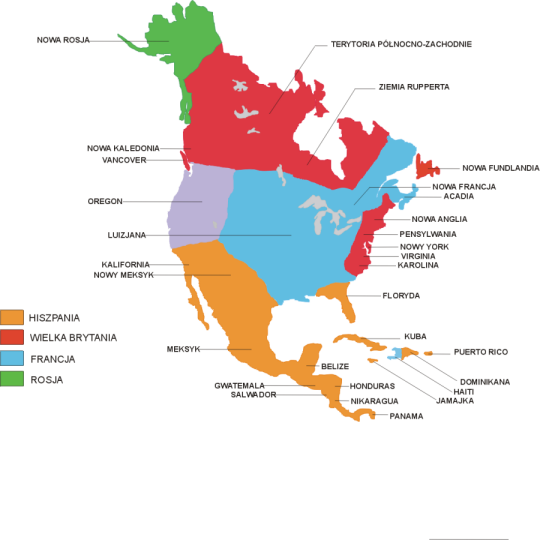 Kolonialna Ameryka Północna. Mapa ta jest wyłącznie poglądowa.