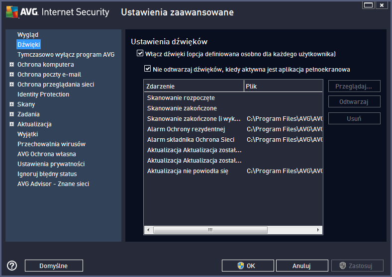 9.2. Dźwięki W oknie dialogowym Dźwięki można określić, czy system AVG Internet Security 2013 ma informować o określonych czynnościach za pomocą dźwięków: Ustawienia obowiązują wyłącznie dla