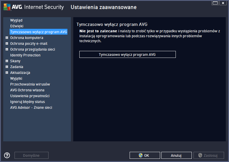 9.3. Tymczasowo wyłącz ochronę AVG W oknie dialogowym Tymczasowo wyłącz ochronę AVG można wyłączyć całą ochronę zapewnianą przez system AVG Internet Security 2013.