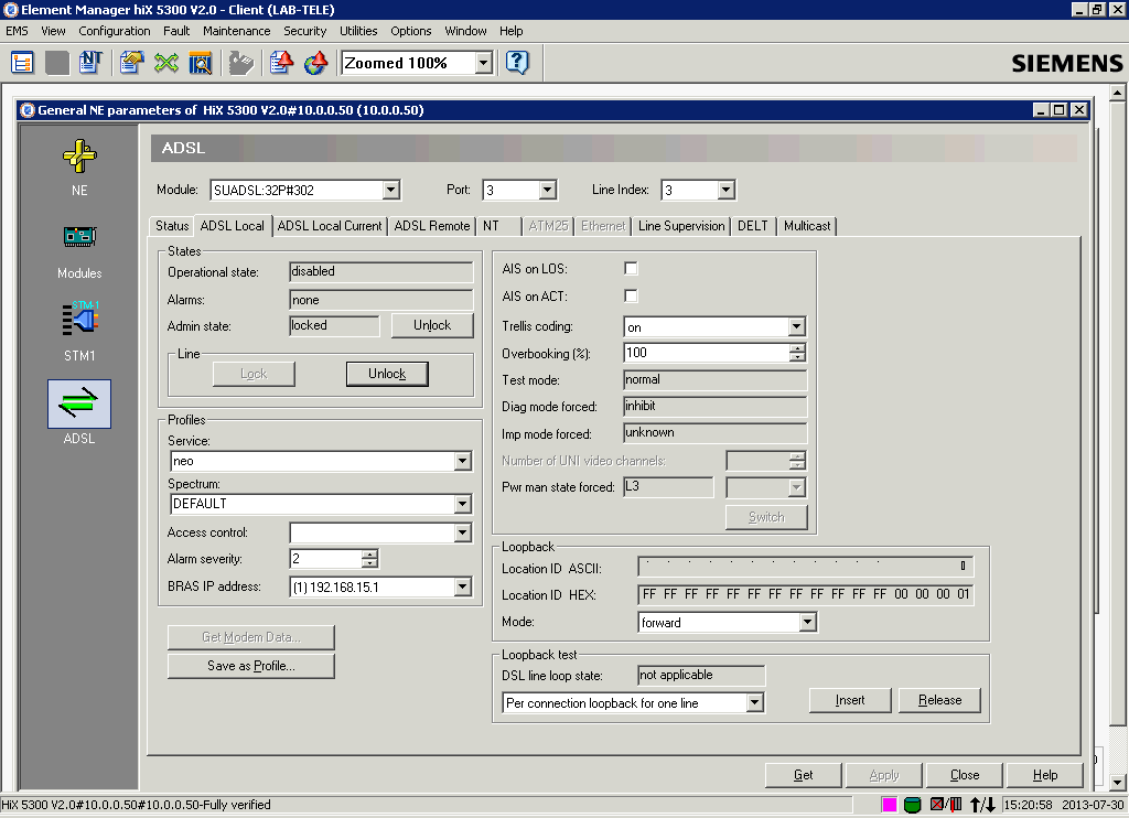 Aby przypisać profil do portu należy przejść do ustawień ADSL wybierając stosowny przycisk z menu po lewej stronie okna General NE parameters.